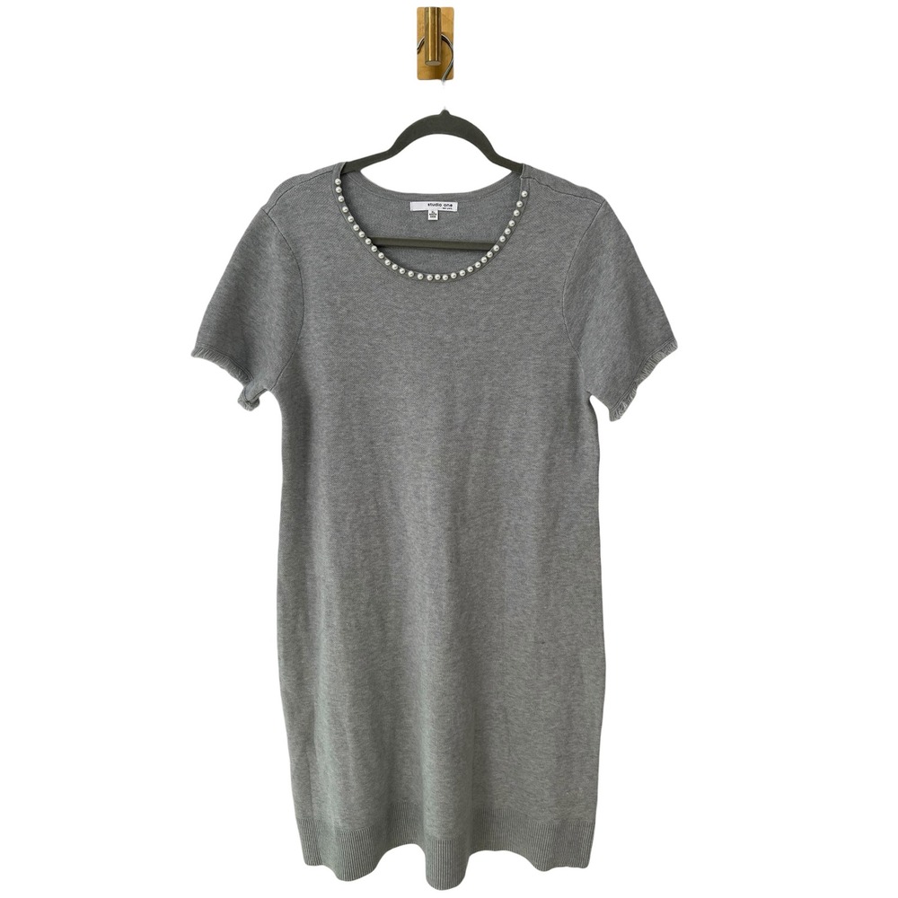 Studio One Sweater Shift Dress Pearl Neck Frayed‎ Cuff Minimalist Knit Gray XL